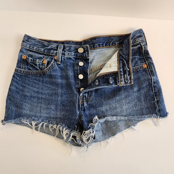 Levis 501 Button Fly Denim Jean Shorts Cutoffs High Waisted Rise Festival Frayed - Picture 2 of 12